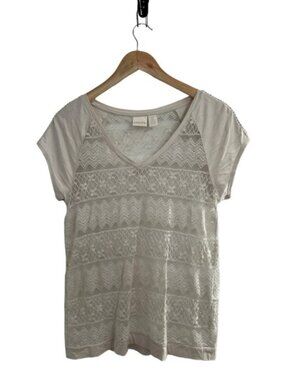 Chico's Light Tan V‎ Neck Lace Sheer Short Sleeve Top Size 0